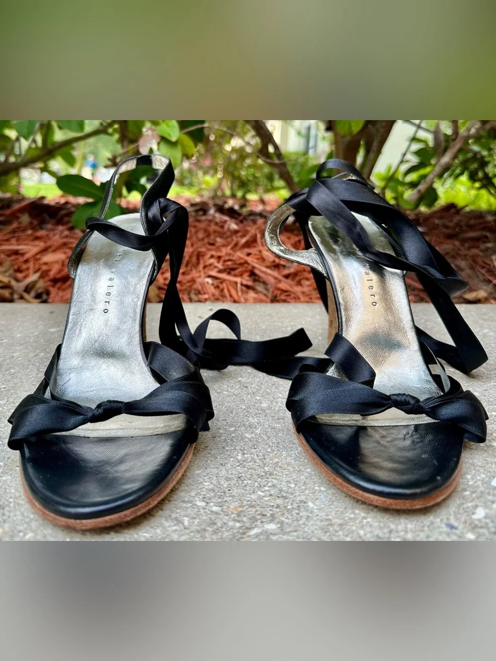 Vintage Martinez Valero Black Satin Ribbon Cork Wedge Sandals Women's 10